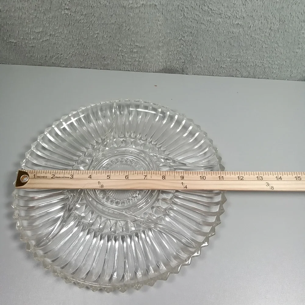 Vintage‎ Clear Pressed Glass Divided Relish Tray Sunburst Sawtooth Rim 11 Inch